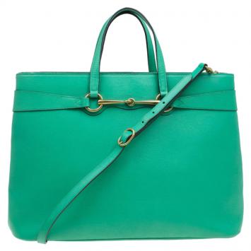 Pre Owned Gucci Green Leather Large Bright Bit Tote