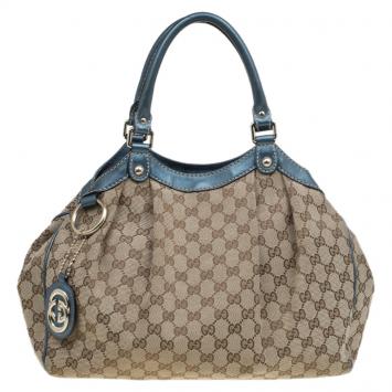 Pre Owned Gucci Beige/Metallic Blue GG Canvas Medium Sukey Tote