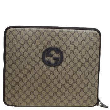 Pre Owned Gucci Beige/Ebony GG Supreme Canvas and Leather Interlocking Logo Laptop Case