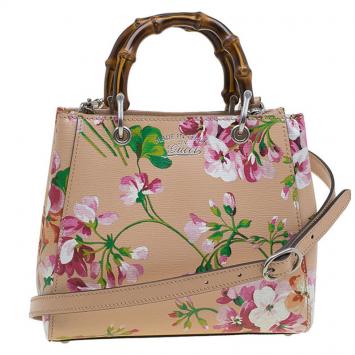 Pre Owned Gucci Multicolor Printed Blooms Leather Mini Bamboo Top Handle Bag