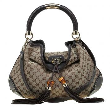 Pre Owned Gucci Beige Monogram Canvas Large Indy Top Handle Bag