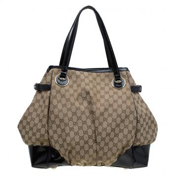 Pre Owned Gucci Black GG Canvas/Patent Leather Large Full Moon Tote