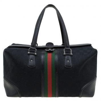 Pre Owned Gucci Black GG Canvas and Leather Large Web Treasure Boston Bag