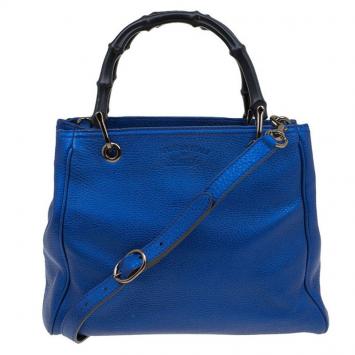 Pre Owned Gucci Metallic Blue Leather Small Bamboo Shopper Tote