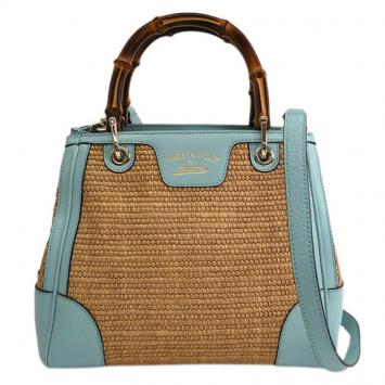 Pre Owned Gucci Bi Color Raffia/Leather Medium Bamboo Shopper Tote