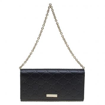 Pre Owned Gucci Black Guccissima Leather Wallet On Chain