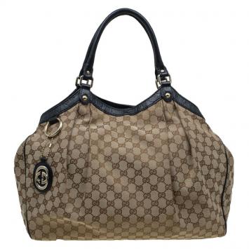 Pre Owned Gucci Beige/Ebony GG Canvas Large Sukey Tote