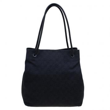 Pre Owned Gucci Black GG Fabric Drawstring Bucket Tote