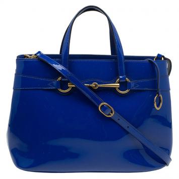 Pre Owned Gucci Blue Patent Leather Medium Bright Bit Tote