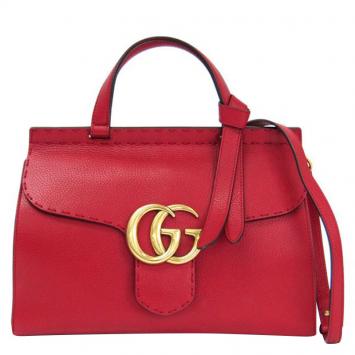 Pre Owned Gucci Red Leather GG Marmont Top Handle Bag