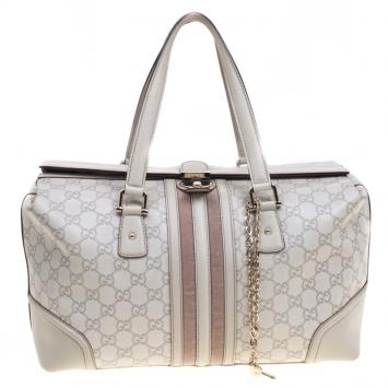 مملوكة مسبقًا Gucci Off White Guccissima Leather Large Web Treasure Boston Bag
