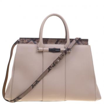Pre Owned Gucci Beige Leather and Python Lady Bamboo Top Handle Bag
