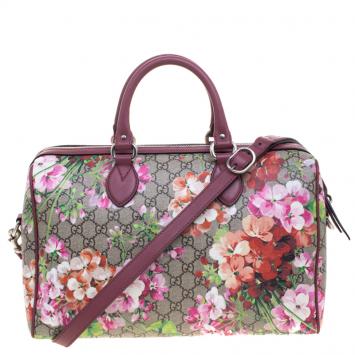 Pre Owned Gucci Pink GG Supreme Canvas Medium Blooms Boston Bag