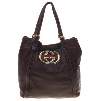 Pre Owned Gucci Brown Leather Large Britt Tote