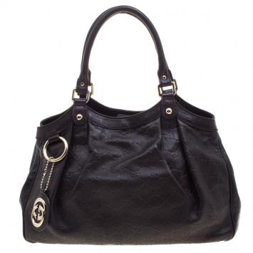 Pre Owned Gucci Dark Burgundy Guccissima Leather Medium Sukey Tote