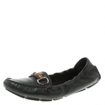 Pre Owned Gucci Black Leather Bamboo Horsebit Scrunch Driving Loafers Size 37.5