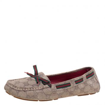 Pre Owned Gucci Beige GG Suede Web Ribbon Detail Loafers Size 38
