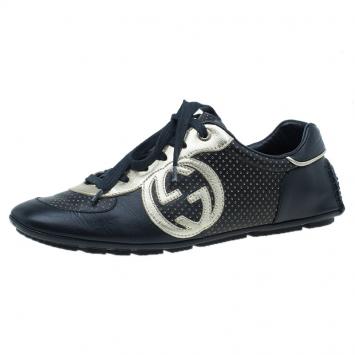 Pre Owned Gucci Black and Gold Leather Logo Sneakers Size 36