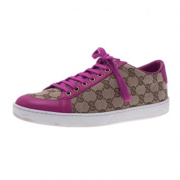 Pre Owned Gucci Pink Leather and Guccissima Canvas Sneakers Size 39.5