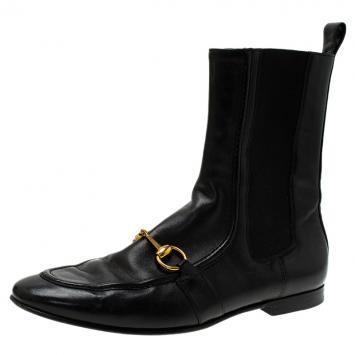 Pre Owned Gucci Black Leather and Elastic Horsebit Ankle Boots Size 37.5