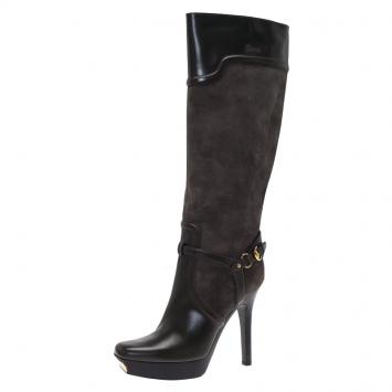 Pre Owned Gucci Grey Suede and Leather Platform Knee Boots Size 40