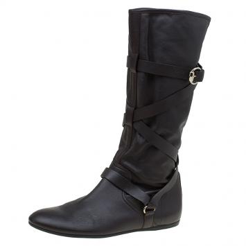 Pre Owned Gucci Dark Brown Leather Buckle Knee Boots Size 39.5