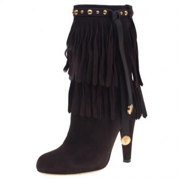 Pre Owned Gucci Chocolate Brown Suede Devendra Fringe Detail Ankle Boots Size 38