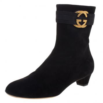 Pre Owned Gucci Black Suede Interlocking GG  Ankle Boots Size 39
