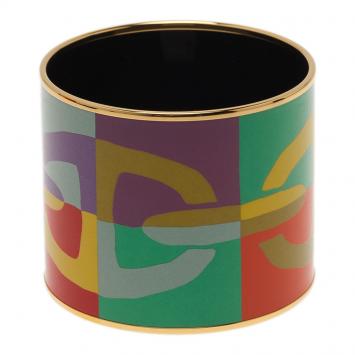 Pre Owned Hermes Mega Printed Multi Color Gold Plated Bangle Bracelet