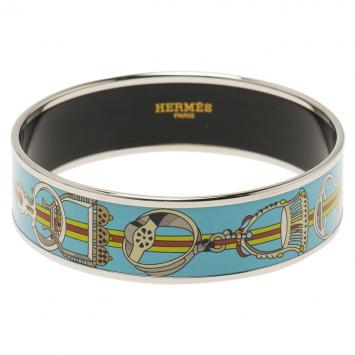 Pre Owned Hermès Wide Horsebit Printed Light Blue Enamel Palladium Plated Bracelet