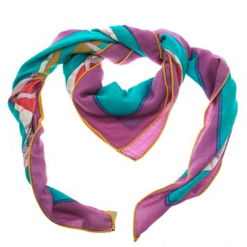 Pre Owned Hermes Green and Purple Cashmere and Silk Tatersale Square Scarf