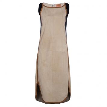 Pre Owned Hermes Beige Suede Leather Piping Detail Sleeveless Dress S