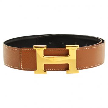 Pre Owned Hermes Black and Brown Leather H Buckle Reversible Belt 65CM