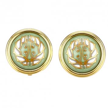 Pre Owned Hermes Cloisonne Green Gold Tone Clip On Earrings