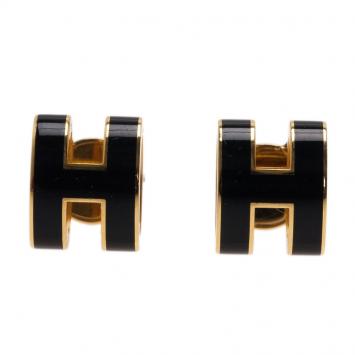 Pre Owned Hermes Pop H Black Lacquered Gold Tone Stud Earrings