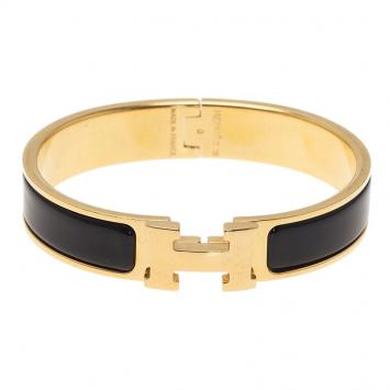 Pre Owned Hermes Clic Clac H Black Enamel Gold-Plated Bracelet PM