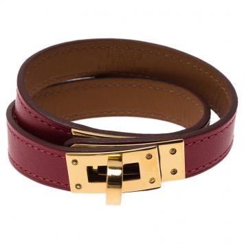 Pre Owned Hermès Red Kelly Double Tour Leather Gold Plated Bracelet