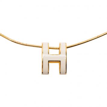 Pre Owned Hermes Pop H White Lacquered Gold Tone Pendant Necklace