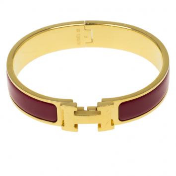 Pre Owned Hermes Clic Clac H Narrow Red Enamel Gold-Plated Bracelet PM