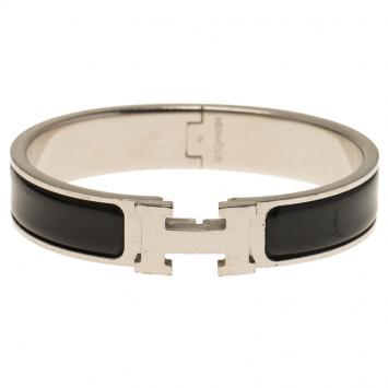 Pre Owned Hermes Clic Clac H Black Enamel Palladium Plated Bracelet