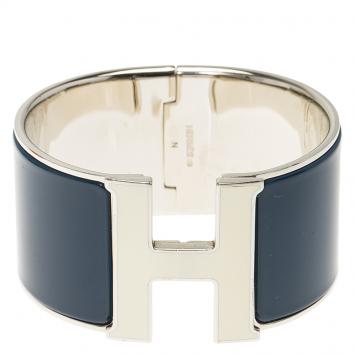 Pre Owned Hermes Clic H Extra Wide Blue Enamel Palladium Plated White Lacquered H Bracelet