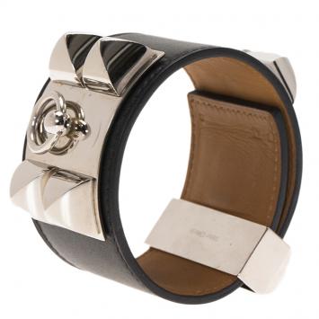 Pre Owned Hermès Collier de Chien Black Calfskin Leather Palladium Plated Cuff Bracelet