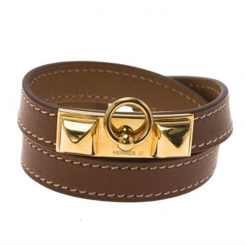 مملوكة مسبقًا Hermes Rivale Double Tour Brown Leather Gold Tone Bracelet XS