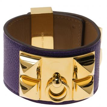 Pre Owned Hermès Collier de Chien Purple Calfskin Leather Gold Plated Cuff Bracelet S