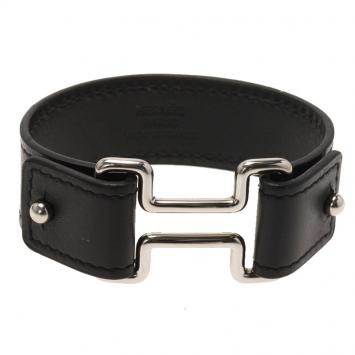 Pre Owned Hermes H Black Leather Palladium Plated Wide Bracelet M