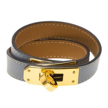 مملوكة مسبقًا Hermes Kelly Double Tour Grey Leather Gold Plated Wrap Bracelet