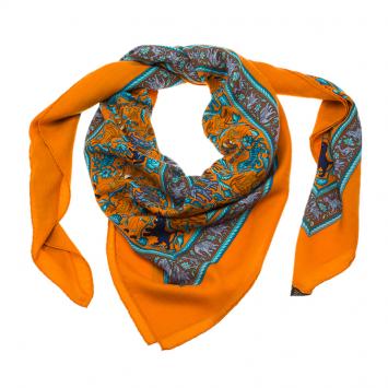 Pre Owned Hermes Chasse En Inde Orange Cashmere and Silk Shawl