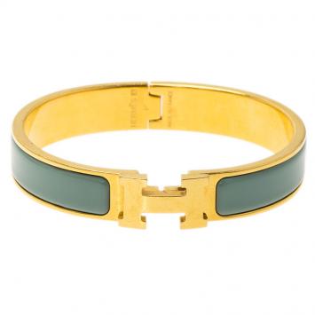 Pre Owned Hermes Clic Clac H Lagoon Blue Enamel Gold Plated Narrow Bracelet GM