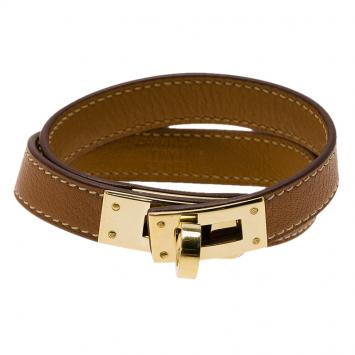 مملوكة مسبقًا Hermes Kelly Double Tour Brown Leather Gold Plated Wrap Bracelet M
