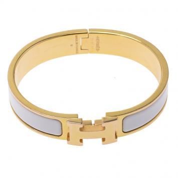 Pre Owned Hermes Clic Clac H White Enamel Gold-Plated Narrow Bracelet PM